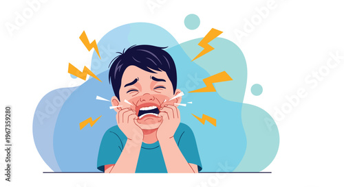 Emotional young boy crying loudly and screaming with tears and lightning bolts around his head during a tantrum.