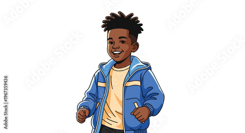 Happy young African American boy with dreadlocks wearing blue jacket and yellow shirt smiles while walking on white background.