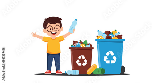 Young boy with glasses promotes environmental recycling by putting plastic bottle into sorted trash bins for waste.