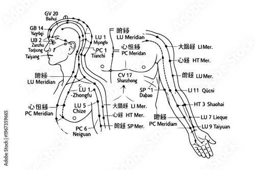 Traditional Chinese meridian points and pathways on the human body diagram Vector