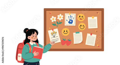 Schoolgirl with backpack and book points at classroom bulletin board filled with notes, stickers, and creative drawings.