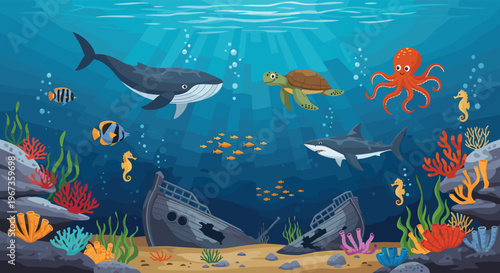 Diverse marine life including whale shark turtle and octopus swimming around sunken shipwreck on colorful coral reef.