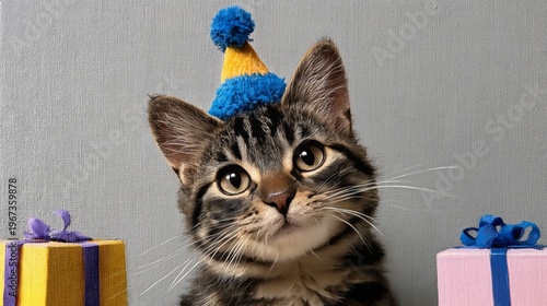 Cute Cat Wearing a Party Hat With Colorful Gifts Nearby on a Plain Background