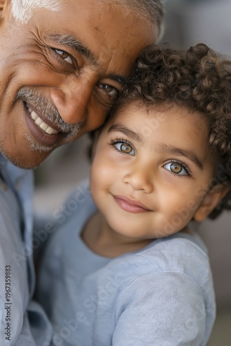 Grandfather smiling with toddler in indoor close portrait