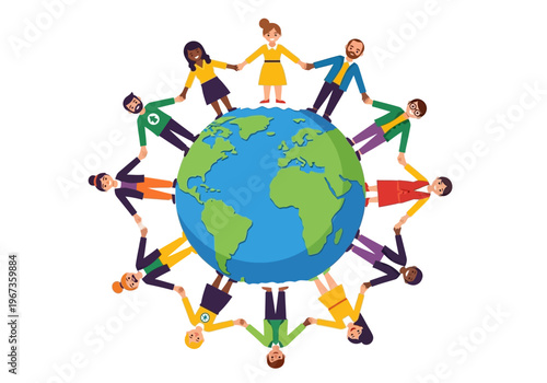 Diverse people holding hands around globe.