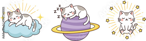 Set of cute kawaii cat characters sleeping on a cloud, napping on Saturn planet, and meditating with stars, vector illustrations