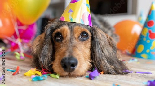 Dog Wears Party Hat at a Celebration With Colorful Decorations and Balloons o...