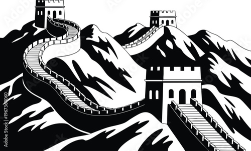 Majestic Great Wall of China Landscape Illustration, Minimalist Ancient Landmark and Winding Wall Graphic, Modern Black and White Great Wall Heritage Vector.