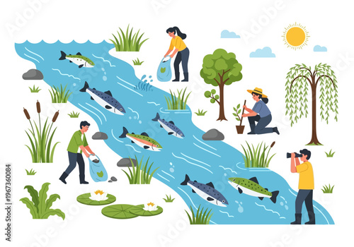 People interacting with dolphins in water.