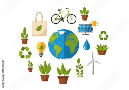 Earth surrounded by eco friendly objects.