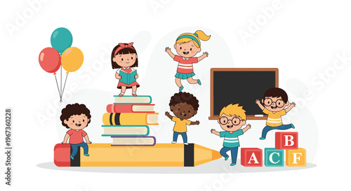Creative illustration of small diverse children playing and learning on top of giant school supplies like pencils, books, and blocks.
