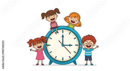 Group of four happy diverse children playing around a large blue alarm clock symbolizing time management and their daily school schedule.