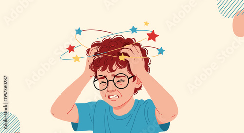 Dizzy young boy with glasses holding his head as colorful stars spin around him, showing confusion or a headache.