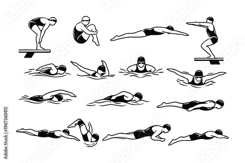 Illustrated guide to diving and swimming techniques for beginners Vector