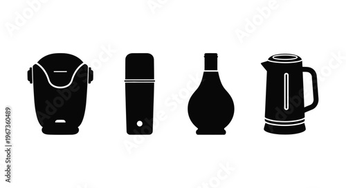 Black silhouettes of common household appliances displayed in a row silhouette
