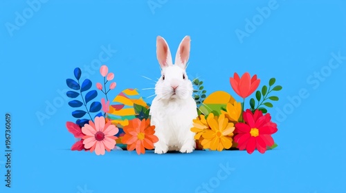Easter Decorations With a Rabbit, Flowers, and a Colorful Egg on a Blue Backg...