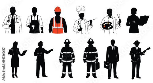 Diverse group of professionals depicted in a black graphic silhouette