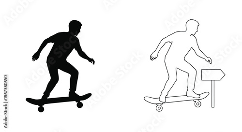 Two skateboarders depicted in contrasting styles a striking silhouette