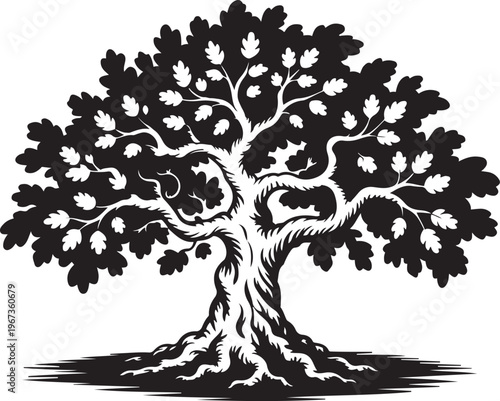 An ancient and majestic tree with sprawling branches and intricate roots