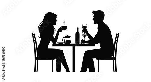 A romantic dinner scene depicts a couple seated at a table enjoying drinks and a meal silhouette high quality professional detailed