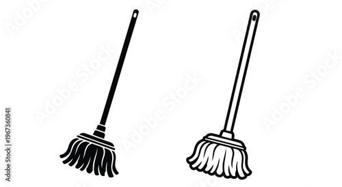Two black silhouettes of traditional brooms against a white background