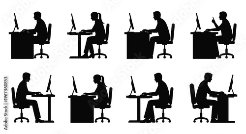 A series of black silhouettes depicting people working at desks with computers showcasing modern office life silhouette high quality professional detailed