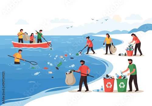 People cleaning beach and ocean.