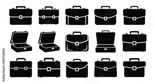 Collection of black briefcases in various positions a graphic silhouette