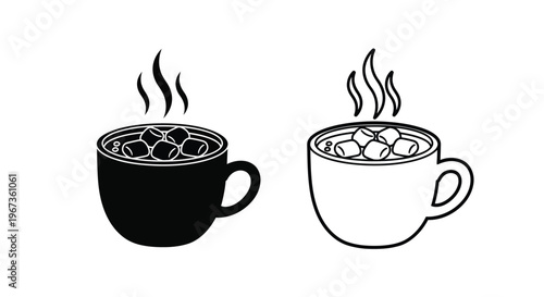 Two mugs of hot cocoa with marshmallows contrasting black and white silhouette