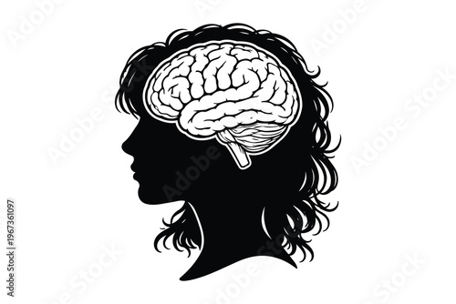 Silhouette of a person with an illustrated brain inside their head. Vector