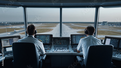 Two male air traffic controllers in uniform monitoring radar screens and runway from airport control tower, ensuring safe air travel Concept of aviation, logistics, and transportation
