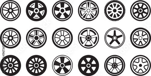 Varied designs of classic automobile and cart wheels illustrated in black and white