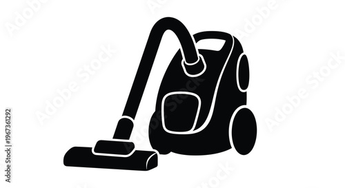 A black silhouette of a canister vacuum cleaner on a white background