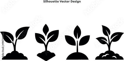 Silhouette set of growing plant sprouts in fertile soil. Vector set of organic seedling stems with leaves. Ecology gardening concept and nature spring growth vector illustration.