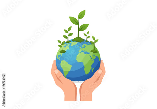 Hands Holding Green Earth Globe.
