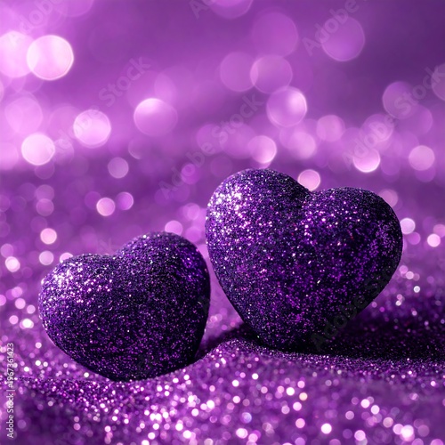 Two purple glittery hearts on sparkly purple background