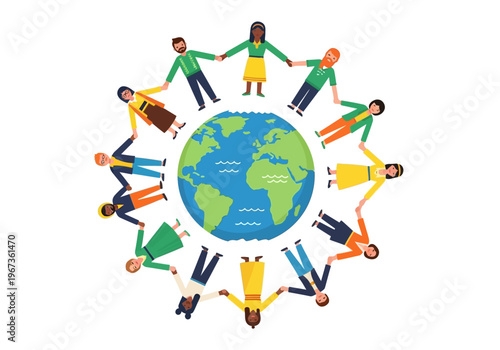 Diverse people holding hands around globe.