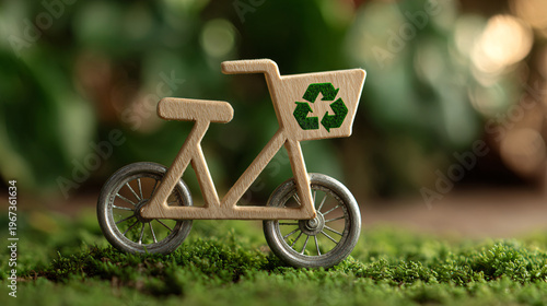 Miniature wooden bicycle with green recycling symbol on mossy ground, symbolizing ecofriendly transportation and sustainability
