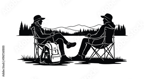 A couple relaxes in camping chairs facing each other with a mountain backdrop a striking silhouette high quality professional detailed