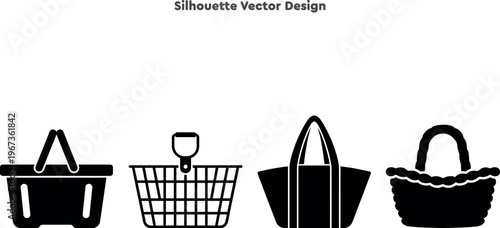 Silhouette set of shopping baskets and wicker picnic hampers. Vector set of retail store carry bags and grocery containers. Market equipment and woven tote vector illustration.