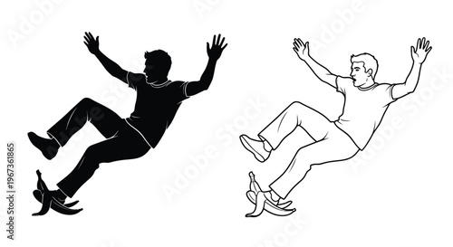 Man slipping on a banana peel shown in positive and negative silhouette
