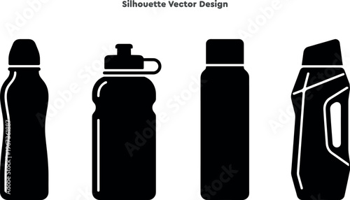Silhouette set of reusable water bottles for fitness and gym. Vector set of portable beverage containers. Healthy hydration and sports drink equipment vector illustration.