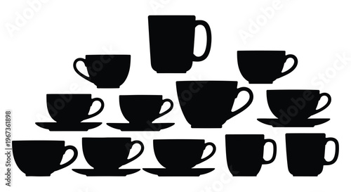 A collection of black teacups arranged in a pyramid silhouette