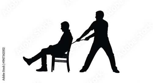 Two men interacting one pulling the other on a chair silhouette