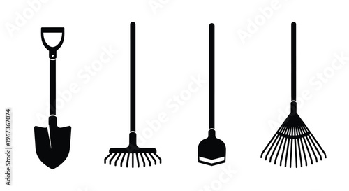 Black silhouettes of gardening tools arranged in a linear composition