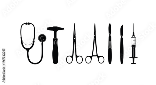 Medical instruments arranged in a row black and white silhouette