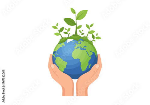Hands holding green earth globe.