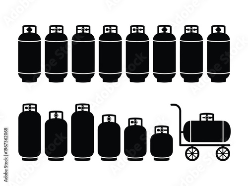 Gas cylinder silhouette icons illustration, black vector set of propane and LPG tanks isolated on white for industrial and safety use.
