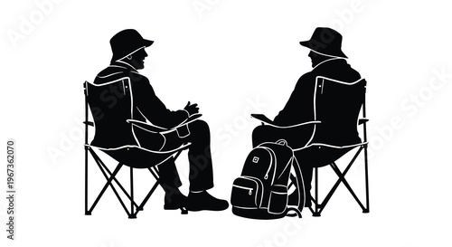 Two men are seated facing each other in folding chairs with a backpack nearby presented as a silhouette high quality professional