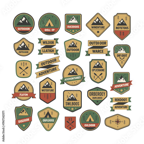 Set of vintage outdoor adventure badges with mountains, tents and camping themes vector illustration.